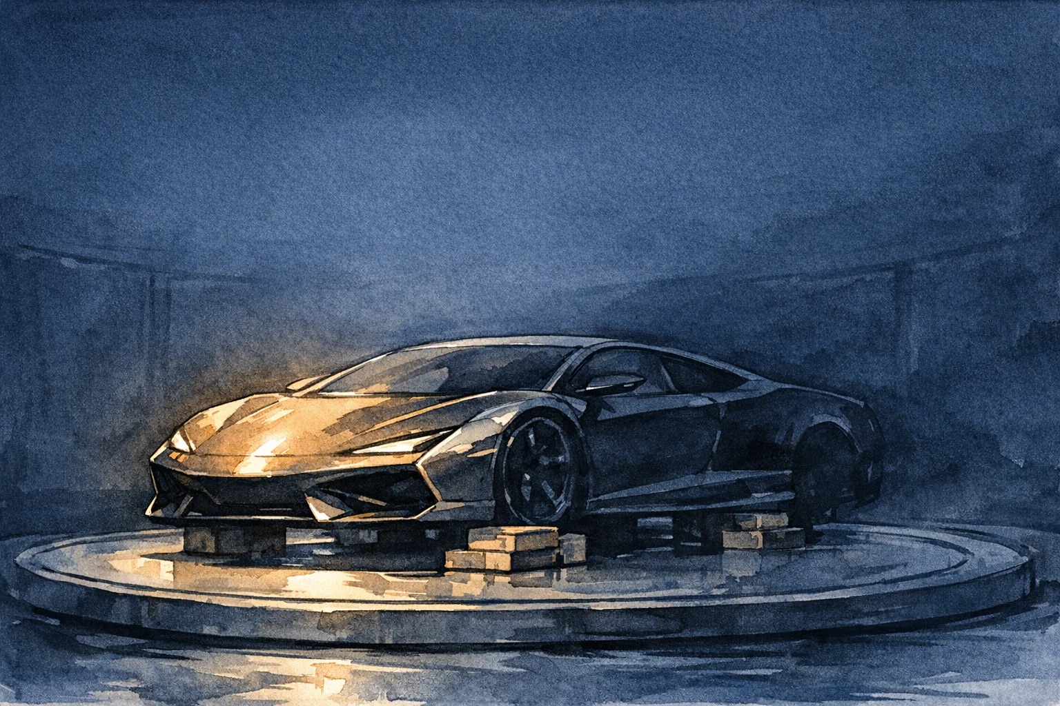 编辑部水墨插画:昏暗空旷的车展大厅里,一辆概念车停在转台上,暖琥珀色追光打在光洁的车头;车尾半边沉在阴影中,底盘被木块垫起,根本没装轮子。