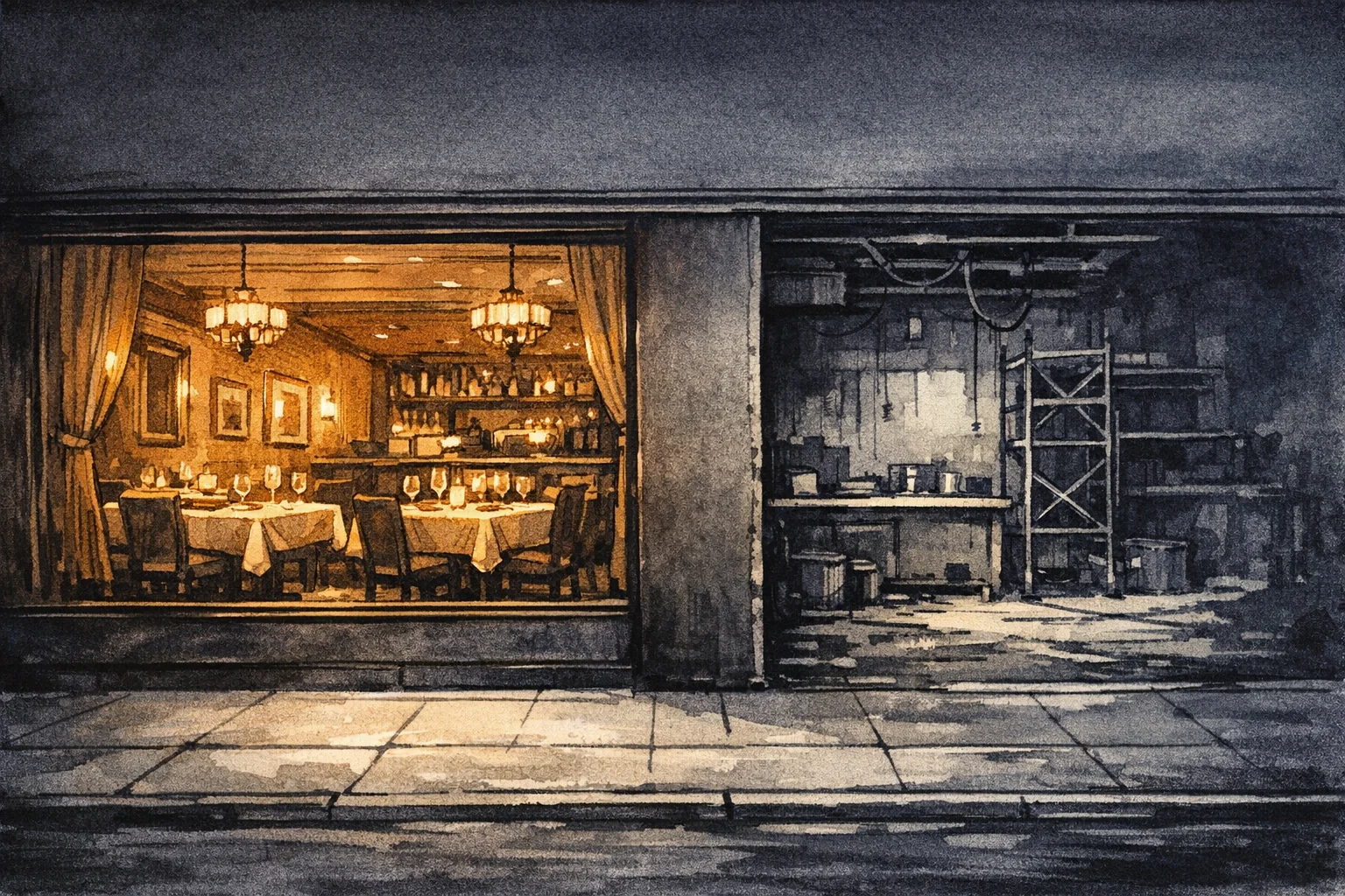 编辑部水墨插画:画面左侧约三分之二,是一家打理得体、暖琥珀色灯光笼罩的餐厅用餐区,从人行道透过高窗可见;右侧被隔墙遮住的“背面”却仍未完工——脚手架、裸露管线、粗糙结构在冷灰蓝的阴影里。