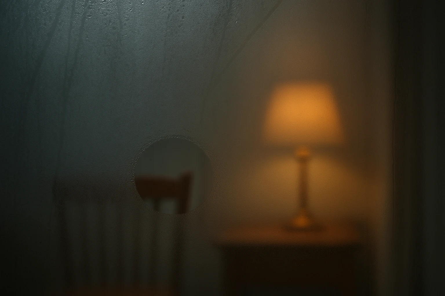 A fogged window interior; a single circle wiped clear by a fingertip reveals a warm domestic room in sharp focus.