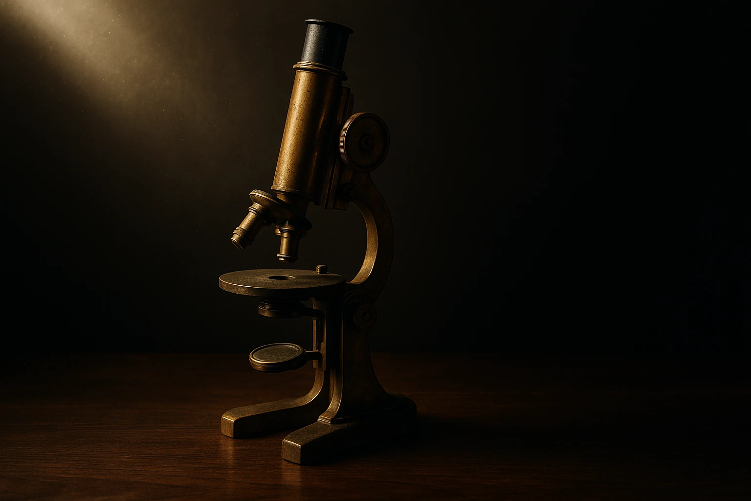 An antique brass compound microscope on a dark wood surface, lit from above by late-day window light; the instrument that once pushed the collective threshold of what could be seen.