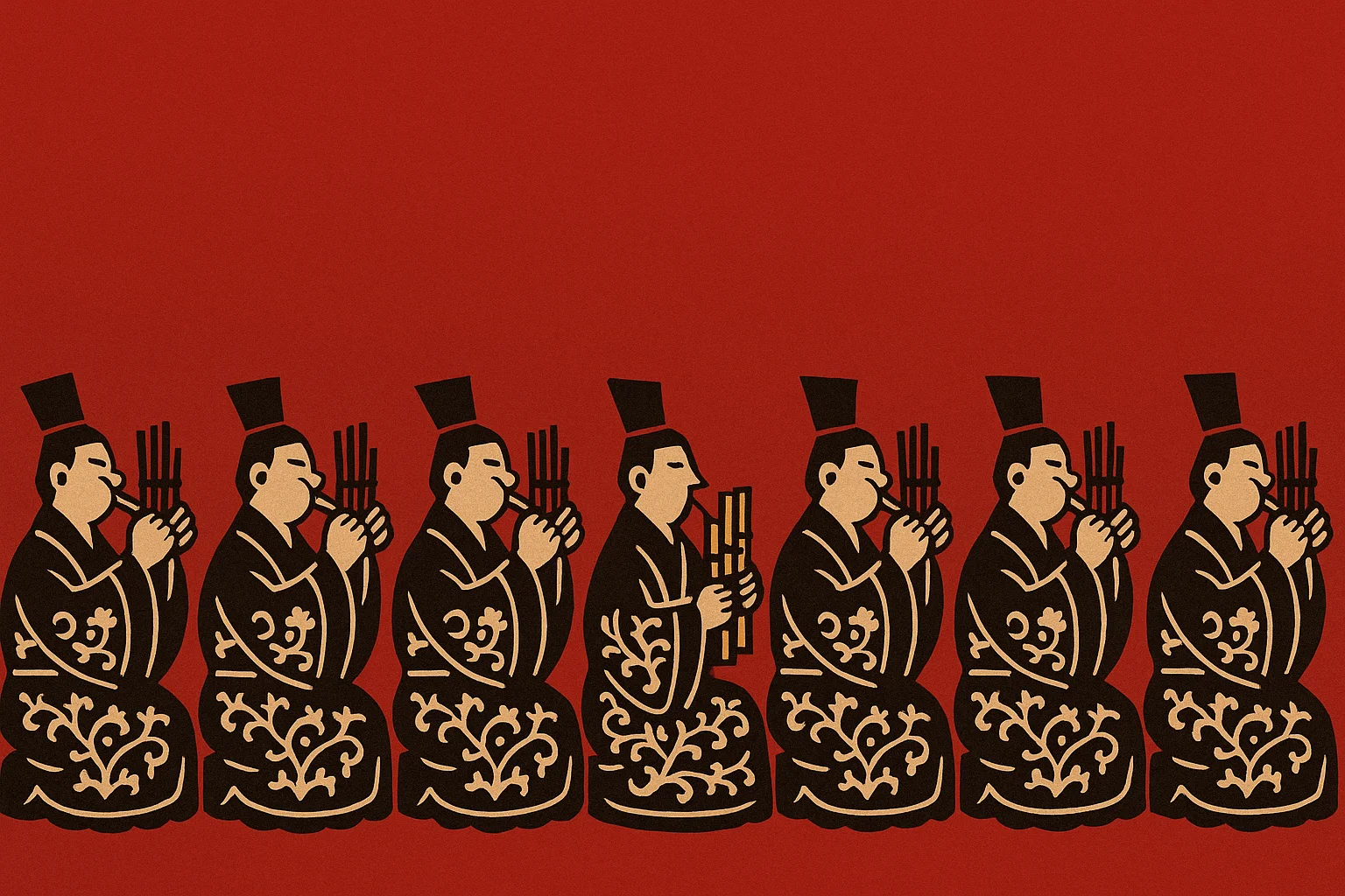 一幅剪纸风格的齐国宫廷合奏图:一排穿袍乐师鼓着腮帮吹竽,只有中央一人静止不动,腮帮扁平,手持乐器却没有发声。