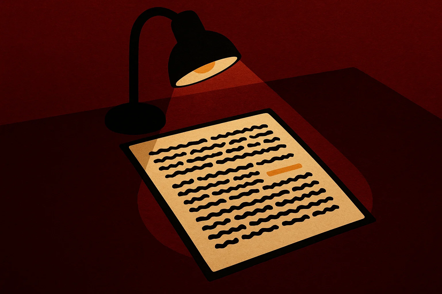 一幅剪纸风格插图:深色桌面上一份单独文件,被上方聚焦灯光照亮,其中一个具体主张用琥珀色标出,其余文字仍未检查 —— 一个评估瞬间真正的样子。