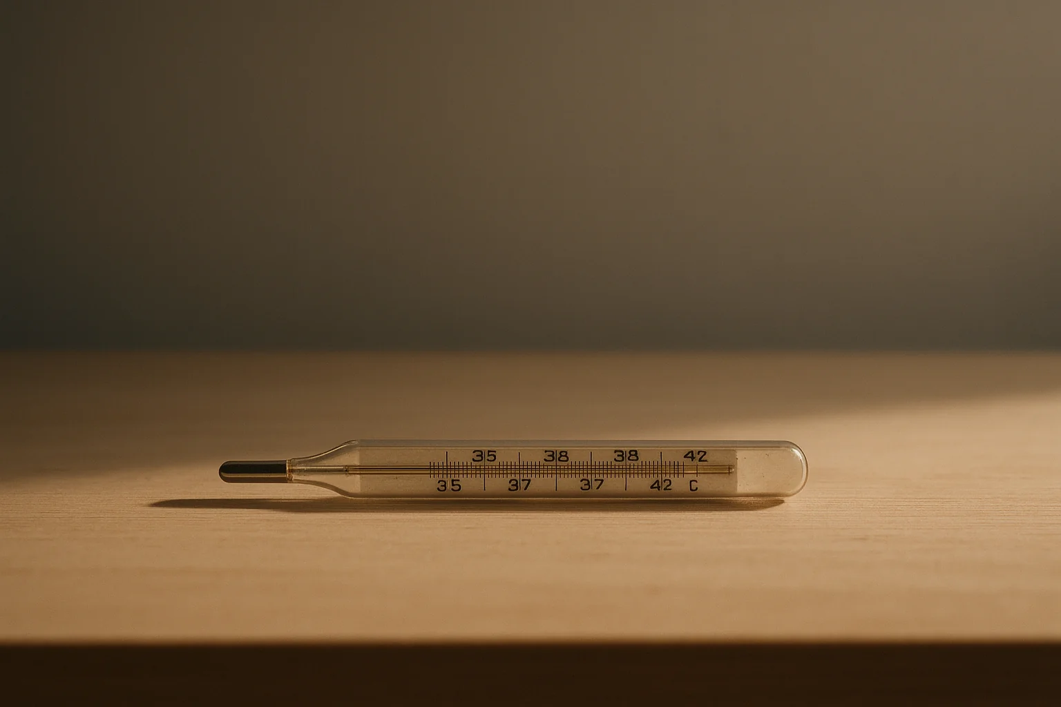 一支科学玻璃温度计放在浅色木质表面上,暖色侧光照着它 —— 仪器已经用完,不是被浪费;读数已经取得。