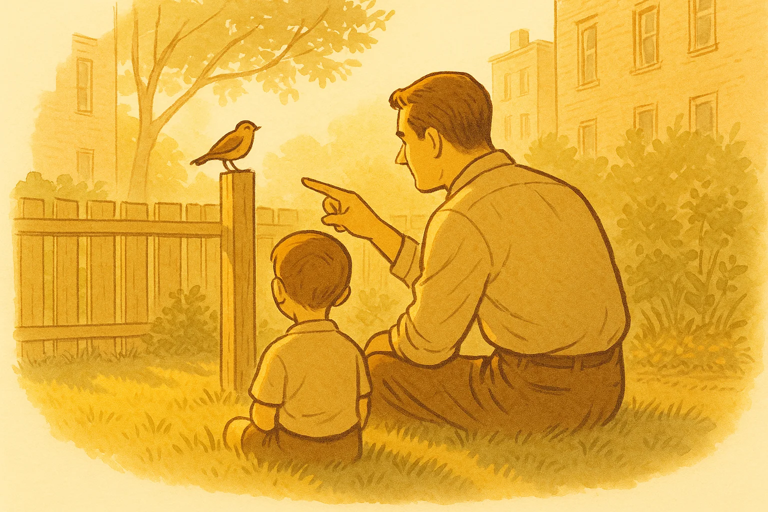 A father and son in a Brooklyn backyard, watching a bird on a fence post