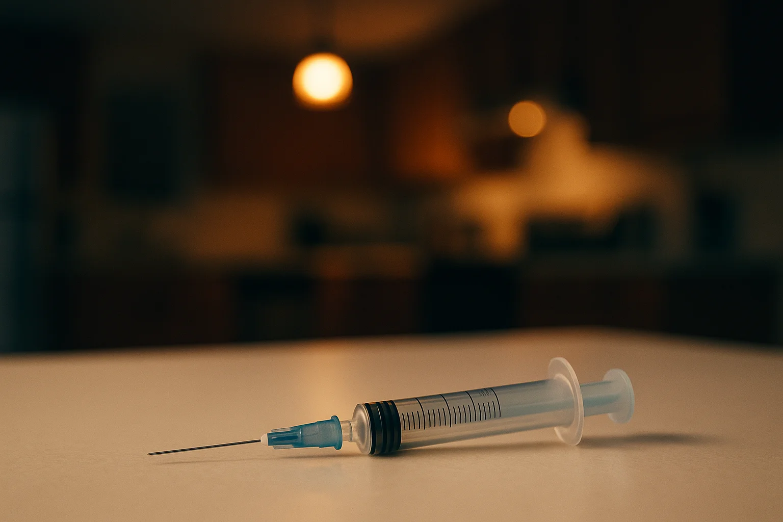 一支医用注射器放在奶油色台面上，背景里是虚化的暖色厨房灯光。