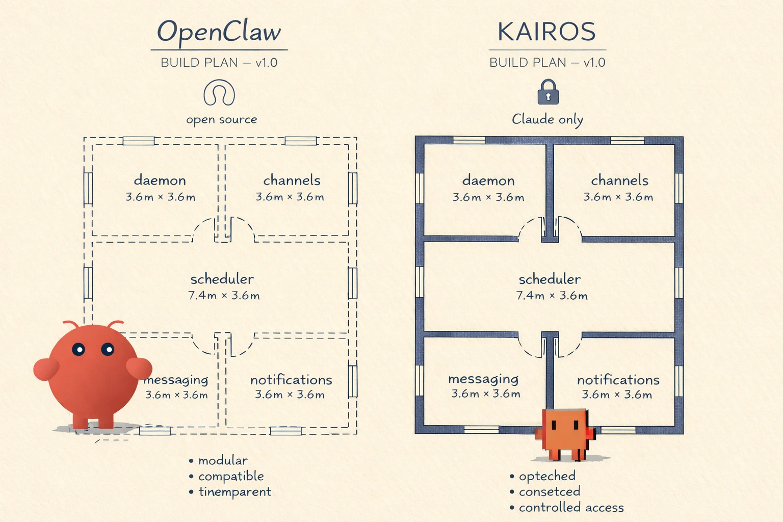 OpenClaw 与 KAIROS 的“平面图”:一个是开源虚线墙,一个是 Claude 专属实线墙,房间几乎一样,只是准入方式不同。